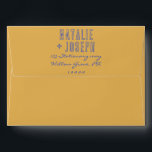 Hand Writing Bold Retro Bright Fun Unique Wedding Envelope<br><div class="desc">A retro modern hand written bright colorful wedding envelope. Which features bold  bride and groom's names in blue color and mango orange background . And  personalized return address .  On simple pale green vintage color background. Which suits the whole wedding suite.</div>
