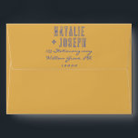 Hand Writing Bold Retro Bright Fun Unique Wedding Envelope<br><div class="desc">A retro modern hand written bright colorful wedding envelope. Which features bold  bride and groom's names in blue color and mango orange background . And  personalized return address .  On simple pale green vintage color background. Which suits the whole wedding suite.</div>