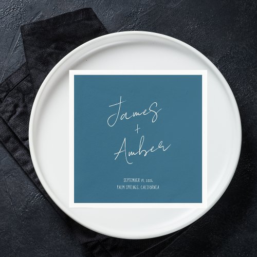 Hand writing Teal Blue Quirky Modern Wedding Napkins