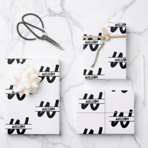 Hand Written Black  White Monogrammed Name Wrapping Paper Sheets