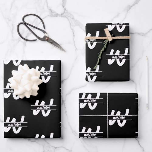 Hand Written Black  White Monogrammed Name Wrapping Paper Sheets