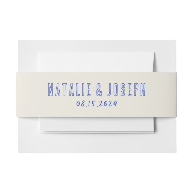 Hand-Written Blue Bold Retro Quirky Wedding    Invitation Belly Band (Front Example)