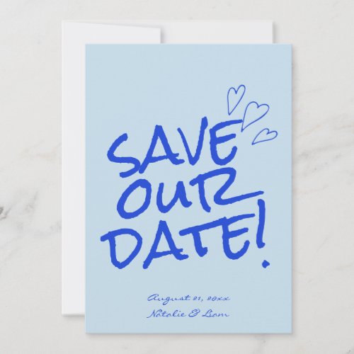 Hand Written Blue Bold Retro Unique Modern Wedding Save The Date