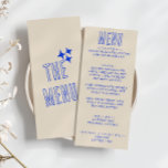 Hand Written Blue Retro Bold Modern Fun Wedding Menu<br><div class="desc">A colorful retro funky modern Periwinkle  wedding dinner menu. Which features chic template design of boho vintage beige creamy background and blue typography and hand written menu in blue . And bright back background. Perfect and matching with the whole suite.</div>