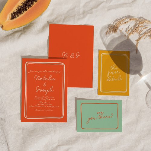 Hand_Written Bright Orange Retro Unique Wedding  I Invitation