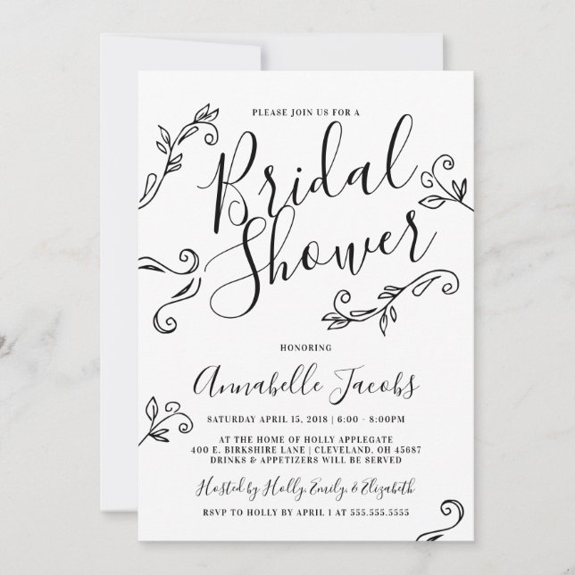 Hand Written Calligraphy Leaves Bridal Shower Invitation (Front)
