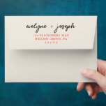 Hand-Written Colorful Retro Bold Funky Wedding Envelope<br><div class="desc">A retro modern hand written bright colorful wedding envelope. Which features calligraphy hand lettered bride and groom's names in black color. And  personalized return address in orange .  On simple beige creamy vintage color background. Which suits the whole wedding suite.</div>