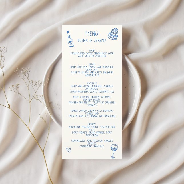 Hand Written Drawing Scribble Blue Wedding Menu (Blue Scribble Wedding Menu )
