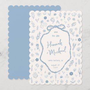 Hand Written Drawn Blue Flowers Winter Wedding Save The Date