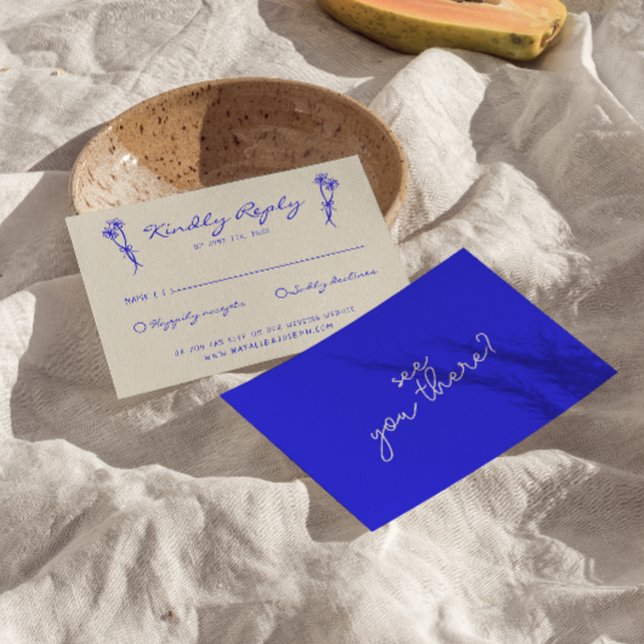Hand Written Drawn Blue Retro Bold Wedding RSVP Card (Creator Uploaded)