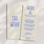 Hand Written Drawn Blue Retro Quirky Fun Wedding Menu<br><div class="desc">A colorful retro funky hand drawn written blue wedding dinner menu. Which features chic template design of boho vintage beige creamy background and blue typography and hand written menu in blue . And bright back background. Perfect and matching with the whole suite.</div>