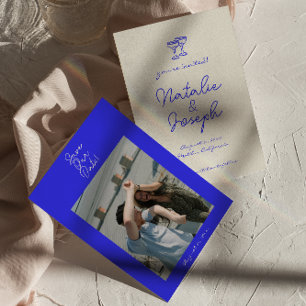 Hand Written Drawn Blue Retro Unique Photo Wedding Save The Date