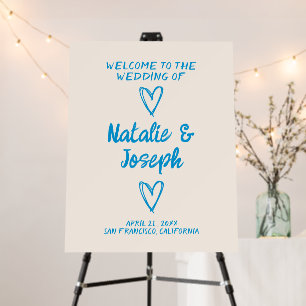 Hand Written Drawn Blue Retro Wedding Welcome Foam Board