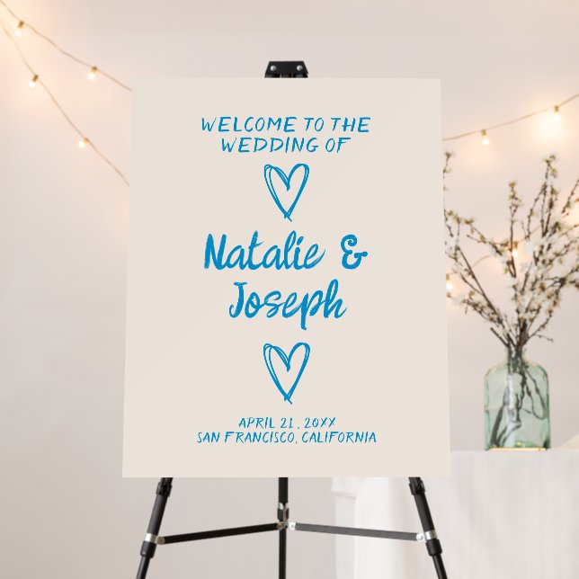 Hand Written Drawn Blue Retro Wedding Welcome Foam Board (In Situ (Stand))