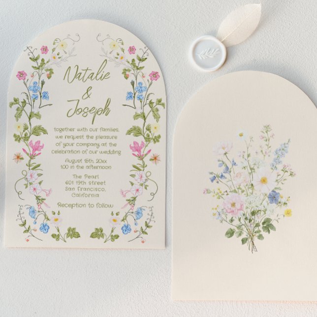 Hand Written Drawn Floral Summer Arched Wedding Invitation (Creator Uploaded)