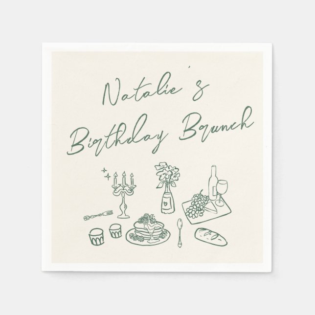Hand Written Drawn Green Fun Birthday Brunch  Napkins (Front)