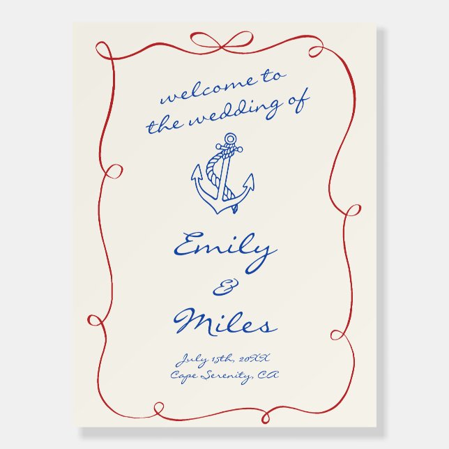 Hand Written Drawn Nautical Wedding Welcome Foam Board (Front)