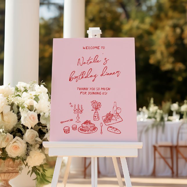 Hand Written Drawn Pink Birthday Dinner Welcome  Foam Board (Creator Uploaded)