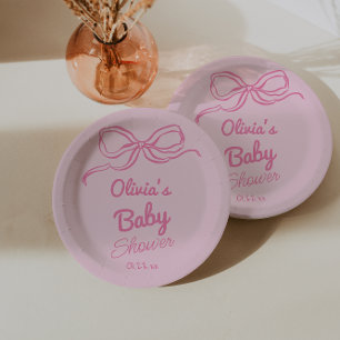 Hand Written Drawn Pink Bow Baby Girl Shower Paper Plates
