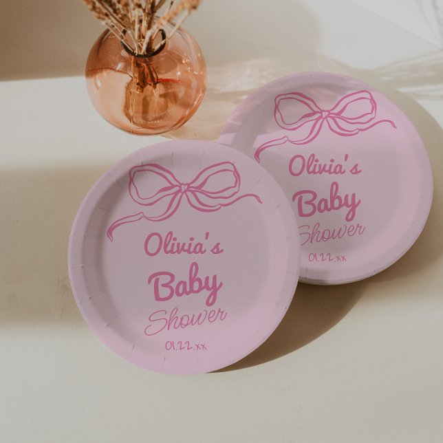 Hand Written Drawn Pink Bow Baby Girl Shower Paper Plates (Creator Uploaded)
