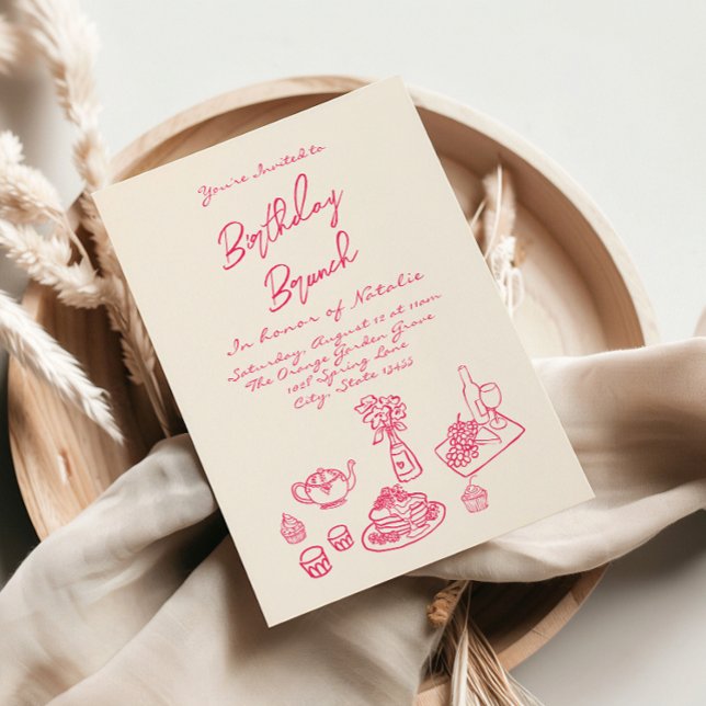 Hand Written Drawn Pink Quirky Brunch Birthday Invitation (Creator Uploaded)