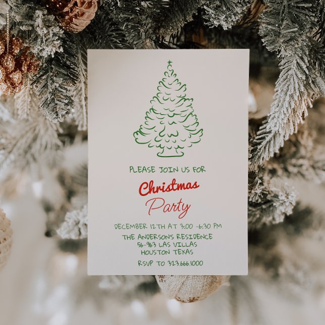 Hand Written Drawn Red Green Christmas Tree Party  Invitation (Creator Uploaded)