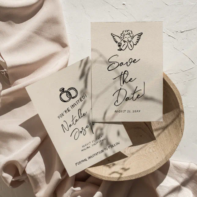 Hand Written Drawn Retro Cupid Quirky Wedding Save The Date