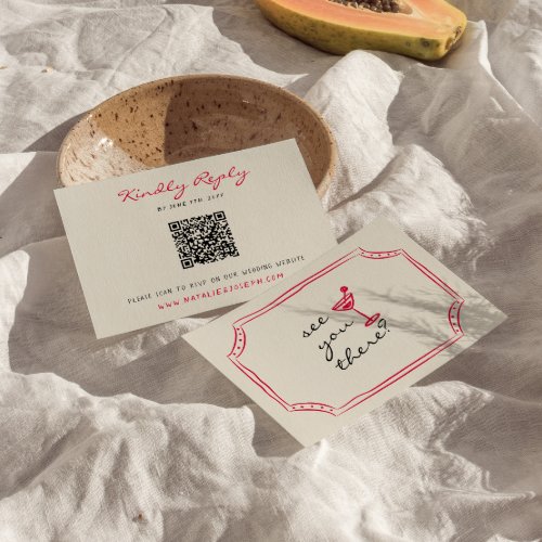 Hand Written Drawn Retro Whimsical QR Code Wedding RSVP Card