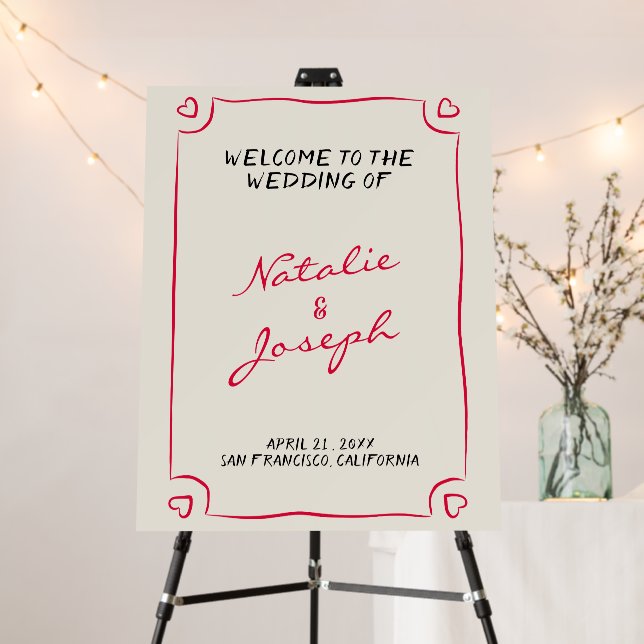 Hand Written Drawn Retro Whimsical Wedding Welcome Foam Board (In Situ (Stand))
