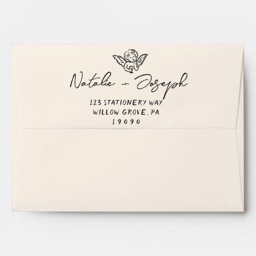 Hand Written Drawn Whimsical Retro Cupid Wedding Envelope