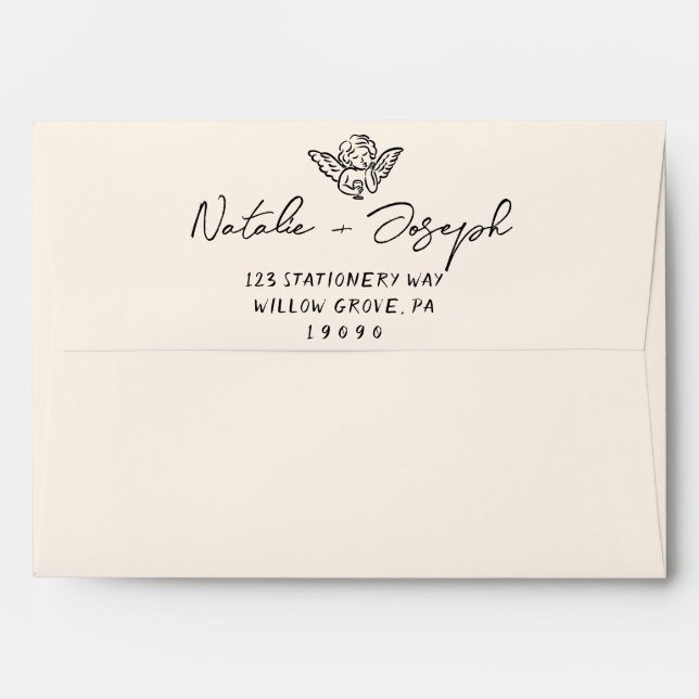 Hand Written Drawn Whimsical Retro Cupid Wedding Envelope (Back (Top Flap))