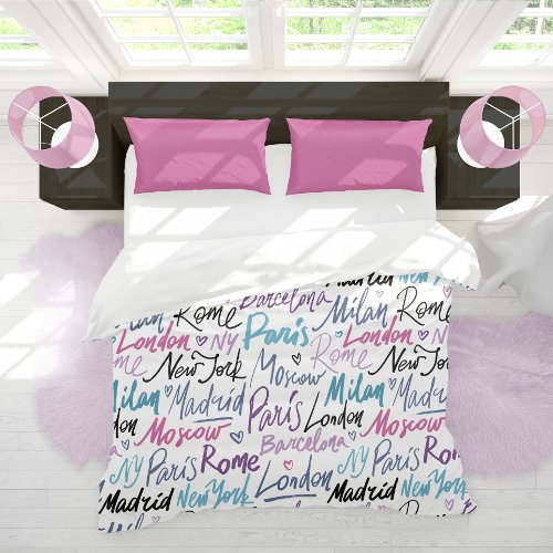 Hand Written Famous Cities of the World Pattern Duvet Cover