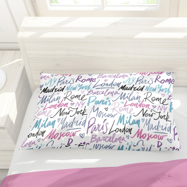 Hand Written Famous Cities of the World Pattern Pillow Case (Creator Uploaded)