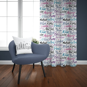 Hand Written Famous Cities of the World Pattern Sheer Curtains