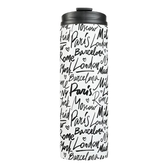 Hand Written Famous Cities of the World Pattern Thermal Tumbler (Front)