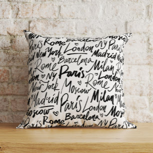 Hand Written Famous Cities of the World Throw Pillow