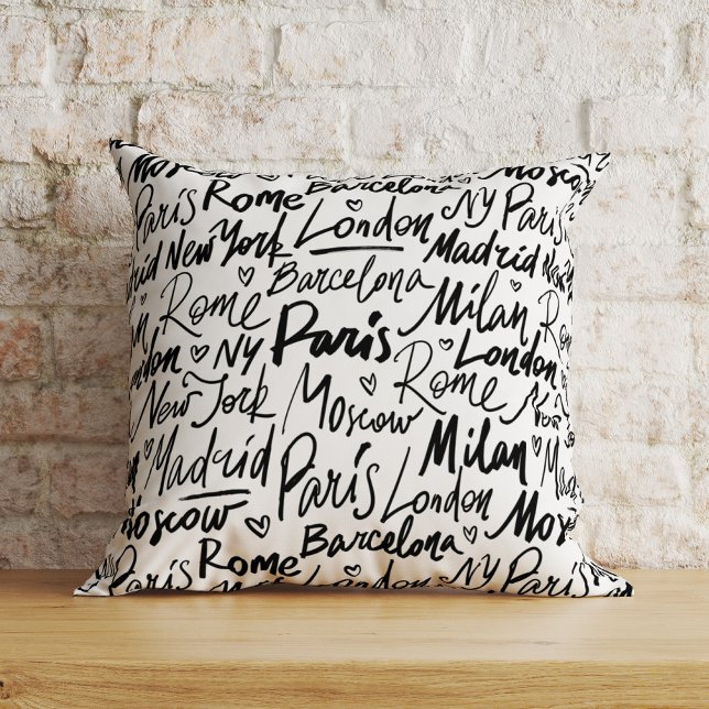 Hand Written Famous Cities of the World Throw Pillow (Creator Uploaded)