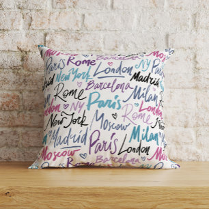 Hand Written Famous Cities of the World Throw Pillow