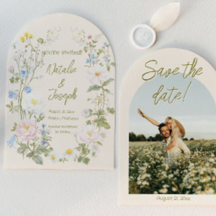 Hand Written Floral Summer Photo Arched Wedding Save The Date