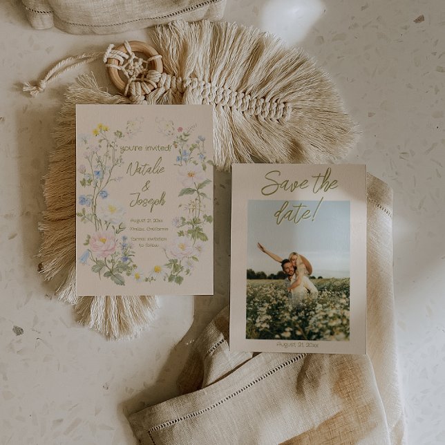 Hand Written Floral Wreath Summer Photo Wedding Save The Date (Creator Uploaded)