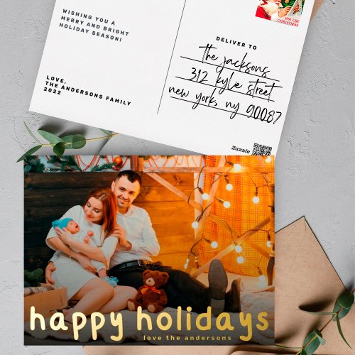 hand written Merry Christmas Gold Photo Foil Happy Foil Holiday Postcard
