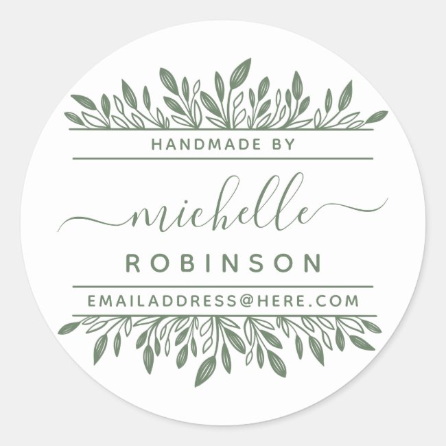 Hand-written Name Sage Green Botanical Handmade By Classic Round Sticker