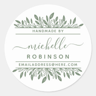 Hand-written Name Sage Green Botanical Handmade By Classic Round Sticker