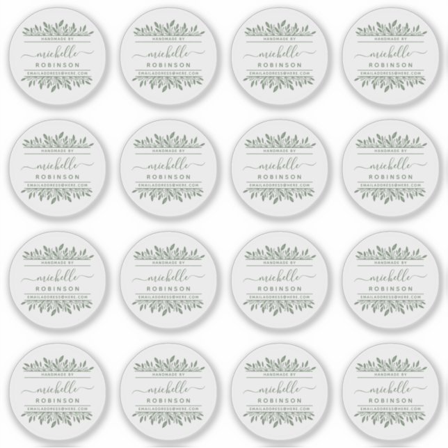 Hand-written Name Sage Green Botanical Handmade By Sticker (Front)