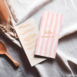 Hand Written Painted Colorful Pinstripes Wedding Menu<br><div class="desc">A colorful retro funky modern pink and orange and cream written menu . And hand drawn green pinstripes on the back . Perfect and matching with the whole suite. wedding dinner menu. Which features chic template design of boho vintage cream background and orange typography.</div>