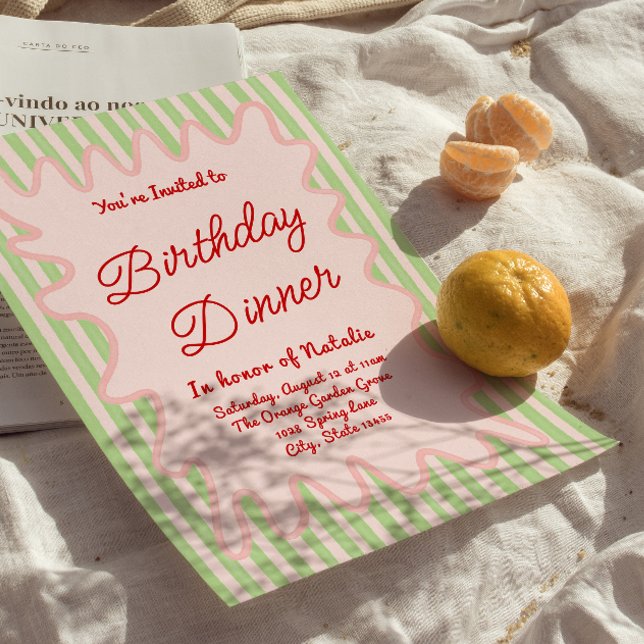 Hand Written Pink Colorful Stripes Birthday Dinner Invitation (Creator Uploaded)