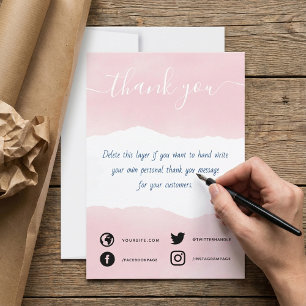 Hand written pink watercolor thank you insert card