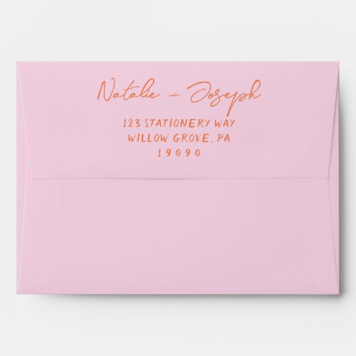 Hand Written Pink Whimsical Retro Modern Wedding Envelope