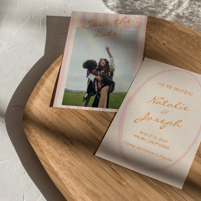 Hand Written Pinstripes Colorful Photo Wedding Save The Date (Creator Uploaded)