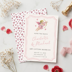 Hand Written Retro Cupid Cherub Pink Wedding Save The Date
